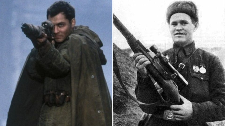 Jude Law jako Vasilij Zajcev vs. pravý Vasilij Zajcev Jude Law jako Vasilij Zajcev vs. pravý Vasilij Zajcev