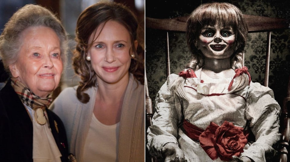 Pravá Lorraine Warrenová a její představitelka Vera Farmiga / panenka Annabelle Pravá Lorraine Warrenová a její představitelka Vera Farmiga / panenka Annabelle