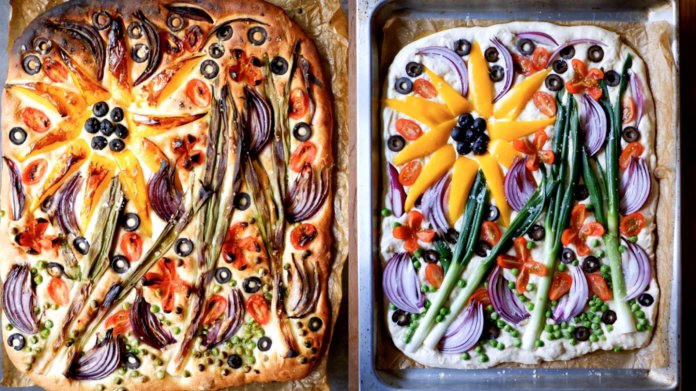 Italská focaccia zdobená jako zahrádka Italská focaccia zdobená jako zahrádka