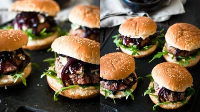 Burger s cibulovou marmeládou a nivou Burger s cibulovou marmeládou a nivou