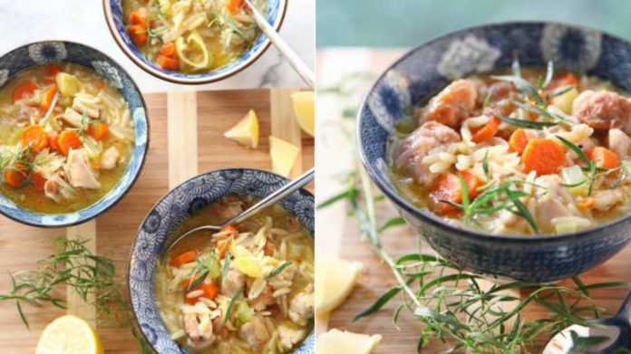 Dušené kuře ve vývaru s orzo těstovinami Dušené kuře ve vývaru s orzo těstovinami