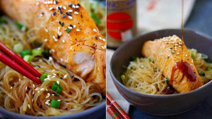 Losos s nudlemi a teriyaki omáčkou Losos s nudlemi a teriyaki omáčkou