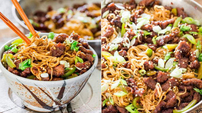 Hovězí po mongolsku s ramen nudlemi Hovězí po mongolsku s ramen nudlemi