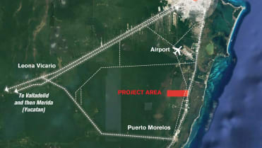 Město (červený obdélník) bude blízko letoviska Cancún i letiště Město (červený obdélník) bude blízko letoviska Cancún i letiště