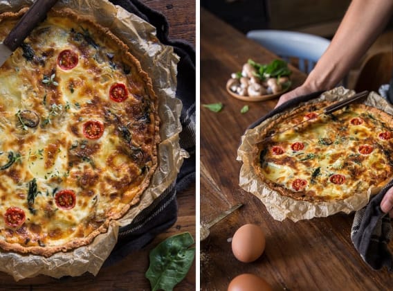 Nízkosacharidový quiche se špenátem a cherry rajčaty Nízkosacharidový quiche se špenátem a cherry rajčaty