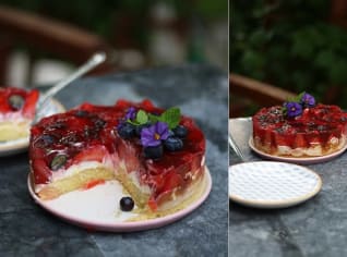 Retro piškotový dort s ovocem a želatinou Retro piškotový dort s ovocem a želatinou