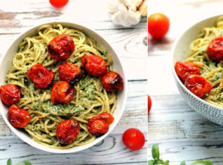 Špagety s pestem a cherry rajčaty Špagety s pestem a cherry rajčaty