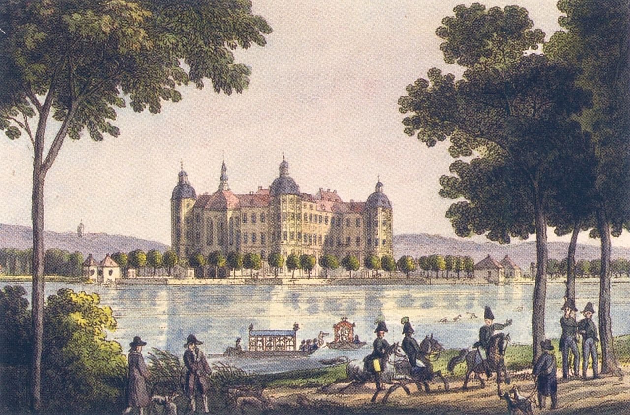Zámek Moritzburg na rytině z roku 1800 Zámek Moritzburg na rytině z roku 1800