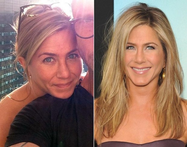 Herečka Jennifer Aniston nenalíčená a nalíčená Herečka Jennifer Aniston nenalíčená a nalíčená