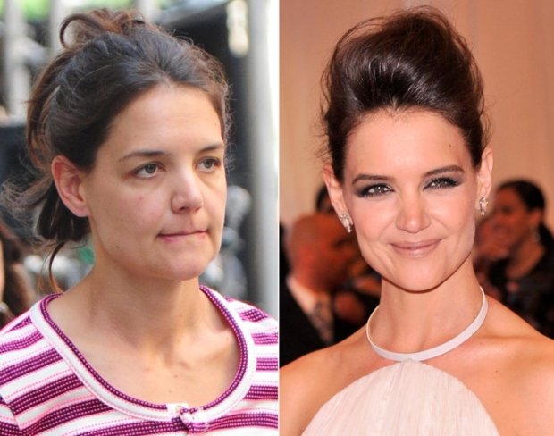 Herečka Katie Holmes nenalíčená a nalíčená Herečka Katie Holmes nenalíčená a nalíčená