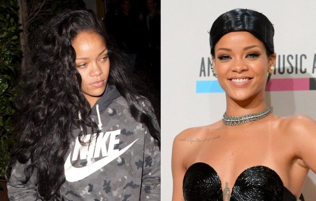 Zpěvačka Rihanna nenalíčená a nalíčená Zpěvačka Rihanna nenalíčená a nalíčená