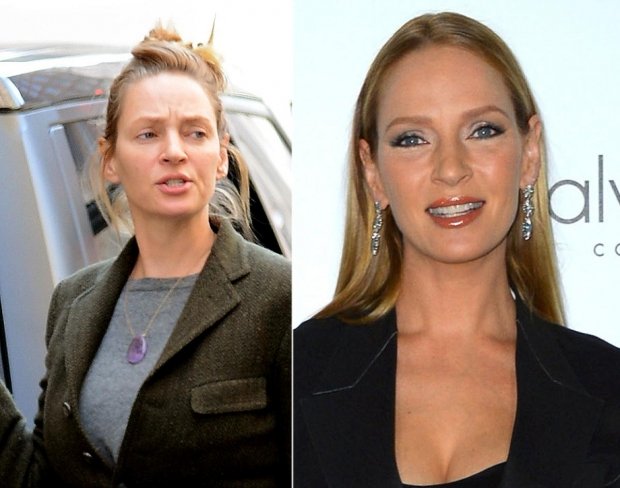Herečka Uma Thurman nenalíčená a nalíčená Herečka Uma Thurman nenalíčená a nalíčená