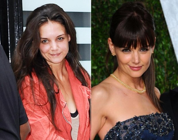Herečka Katie Holmes podruhé, nenalíčená a nalíčená Herečka Katie Holmes podruhé, nenalíčená a nalíčená