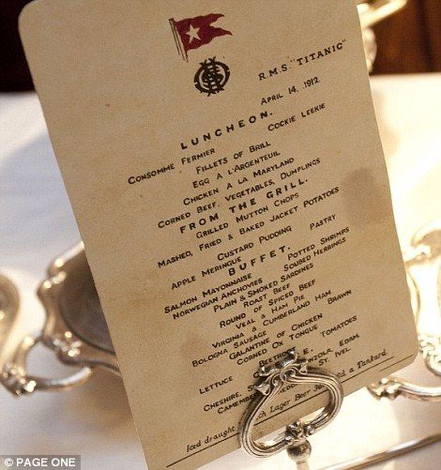 Kopie menu, které se na Titaniku podávalo oné noci, kdy se potopil Kopie menu, které se na Titaniku podávalo oné noci, kdy se potopil