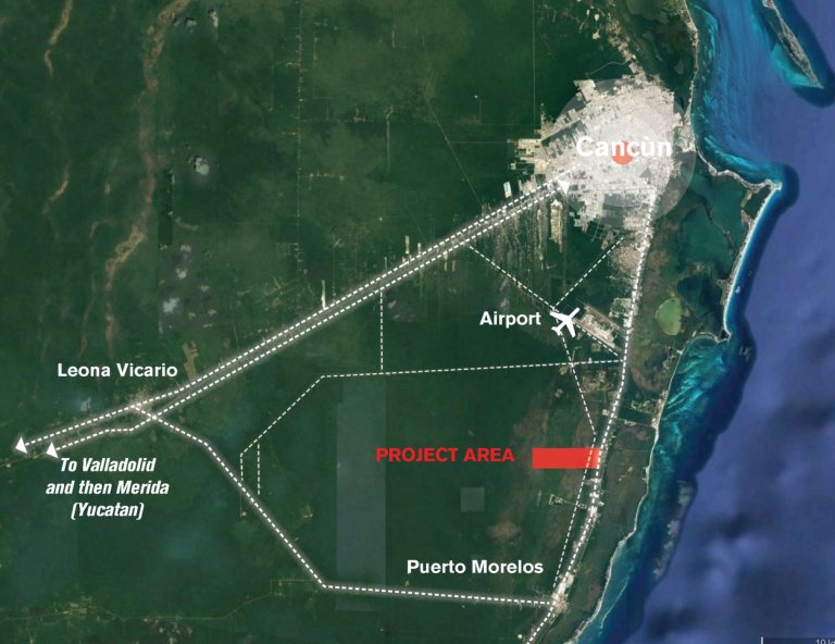 Město (červený obdélník) bude blízko letoviska Cancún i letiště Město (červený obdélník) bude blízko letoviska Cancún i letiště